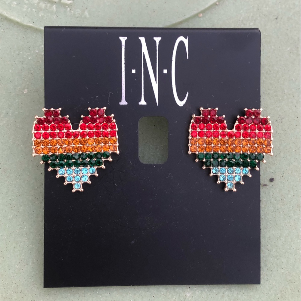 NWT | INC International Concepts | Rainbow Crystal Heart Earrings | Pride